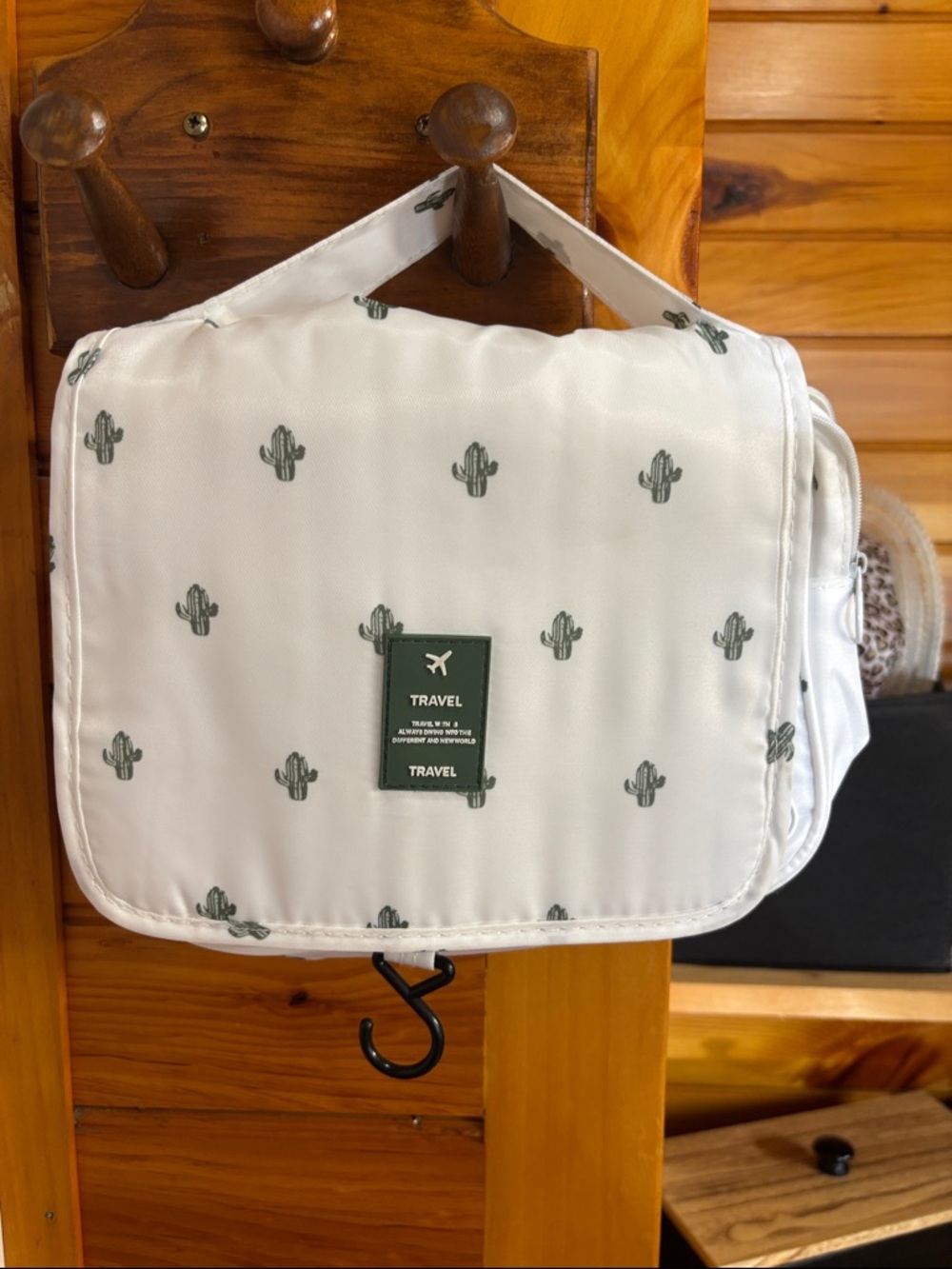 Travel Hanging Toiletry Bag for Men - White with Green Cactus Print